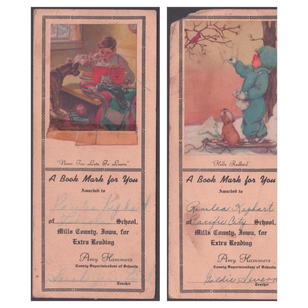 Vintage 1940s Reading Award Bookmarks Mills County Iowa Lot of 2